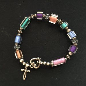 KBN Square Rectangular Lucite Beaded 925 Cross Heart Toggle Clasp Bracelet